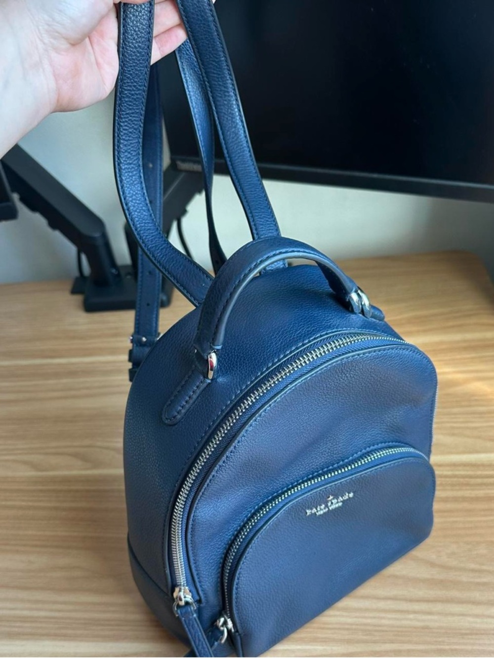 kate spade Navy Pebbled Leather Mini Backpack with Front Zip Pocket - Picture 4 of 6